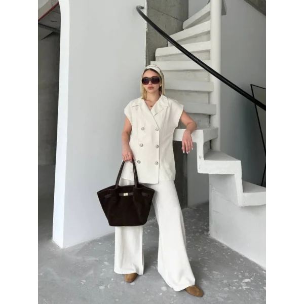 Keten Sıfır Kol Blezer Ceket Pantolon Ikili Takım- Beyaz