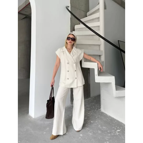 Keten Sıfır Kol Blezer Ceket Pantolon ikili Takım- Beyaz