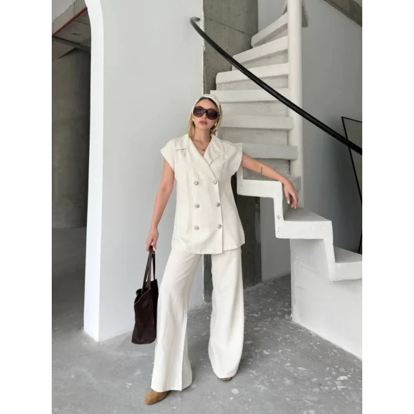 Keten Sıfır Kol Blezer Ceket Pantolon Ikili Takım- Beyaz