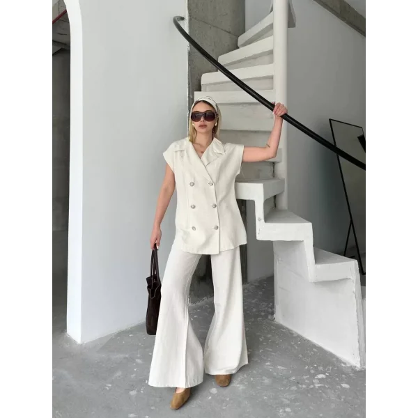 Keten Sıfır Kol Blezer Ceket Pantolon ikili Takım- Beyaz