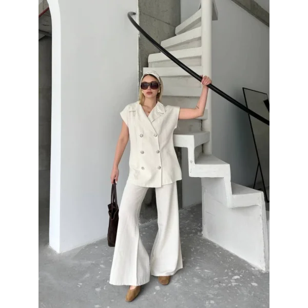 Keten Sıfır Kol Blezer Ceket Pantolon Ikili Takım- Beyaz