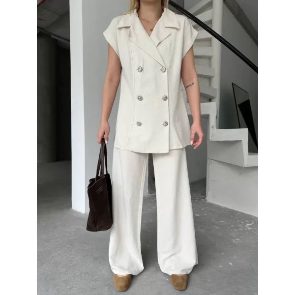 Keten Sıfır Kol Blezer Ceket Pantolon ikili Takım- Beyaz