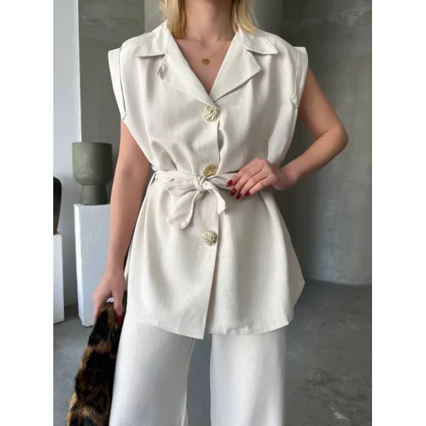 Keten Sıfır Kol Kuşaklı Ceket Pantolon Ikili Takım - Beyaz