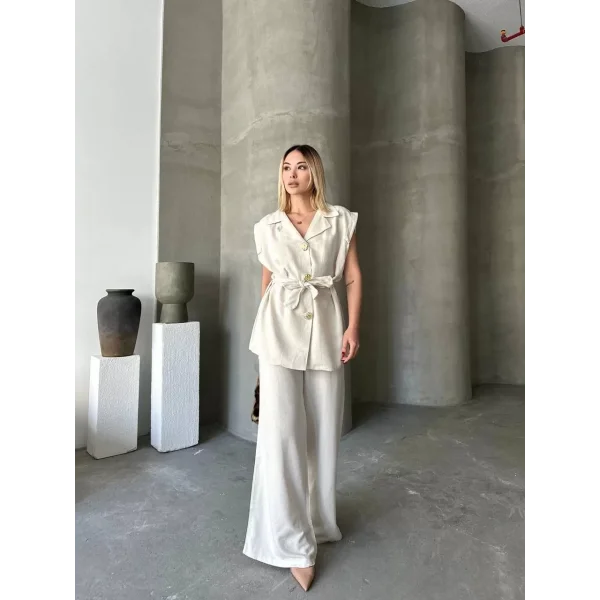 Keten Sıfır Kol Kuşaklı Ceket Pantolon ikili Takım - Beyaz