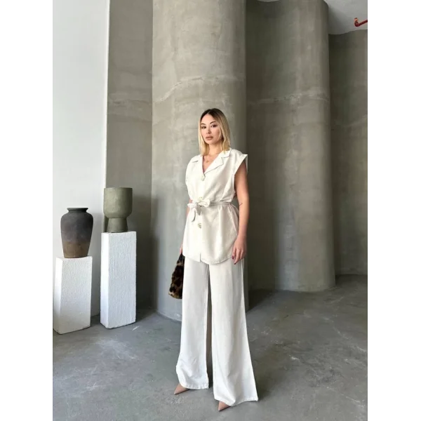 Keten Sıfır Kol Kuşaklı Ceket Pantolon Ikili Takım - Beyaz