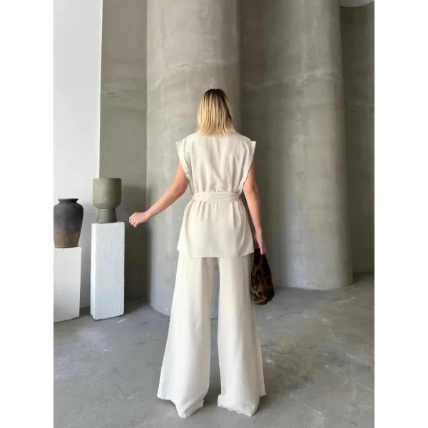 Keten Sıfır Kol Kuşaklı Ceket Pantolon ikili Takım - Beyaz