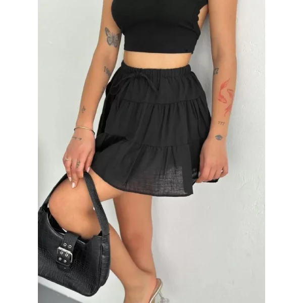 Keten Şortlu Etek - Siyah