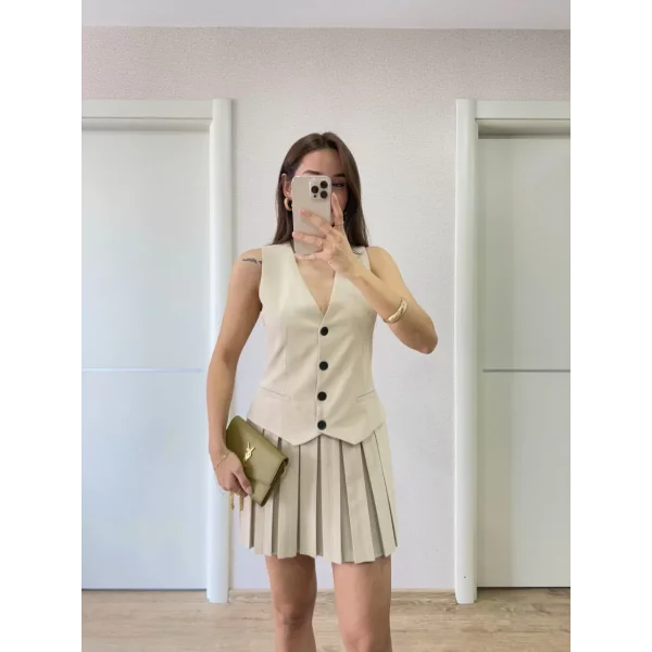 Keten Takım Görünümlü Düğme Detaylı Yelekli Mini Elbise - Bej