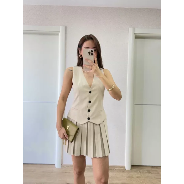 Keten Takım Görünümlü Düğme Detaylı Yelekli Mini Elbise - Bej