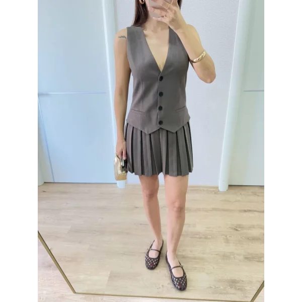 Keten Takım Görünümlü Düğme Detaylı Yelekli Mini Elbise - Füme