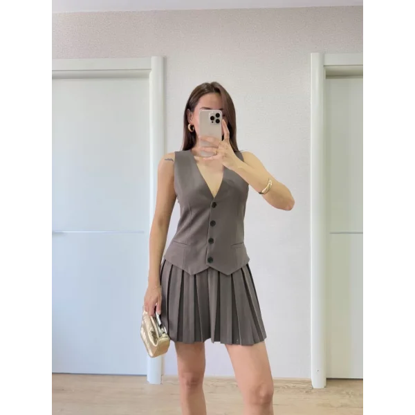 Keten Takım Görünümlü Düğme Detaylı Yelekli Mini Elbise - Füme