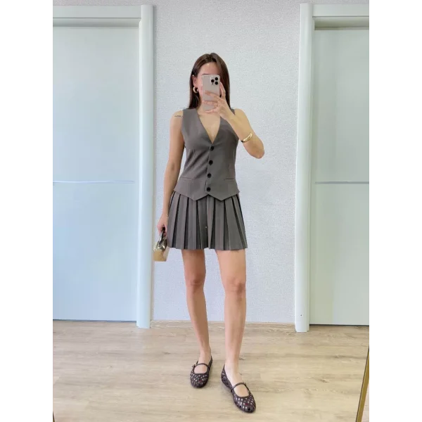 Keten Takım Görünümlü Düğme Detaylı Yelekli Mini Elbise - Füme