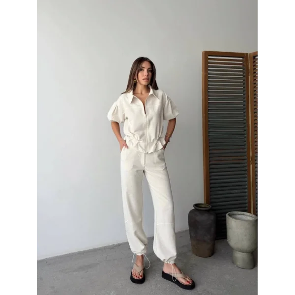 Keten Tam Fermuarlı Kısa Kollu Gömlek Pantolon Ikili Takım - Beyaz
