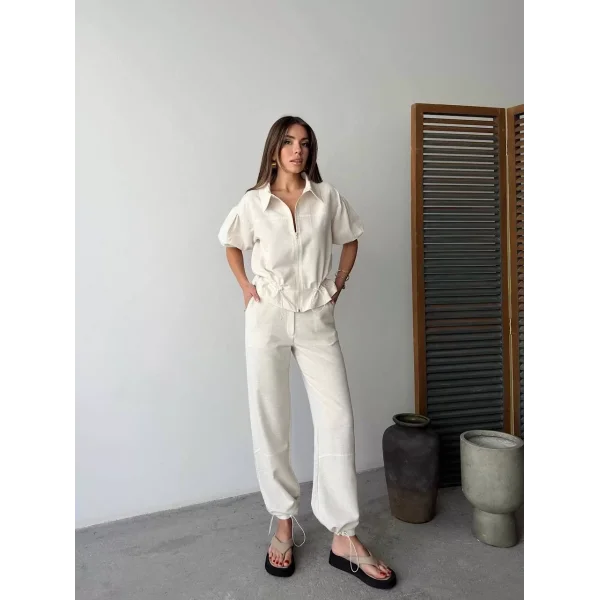 Keten Tam Fermuarlı Kısa kollu Gömlek Pantolon ikili Takım - Beyaz