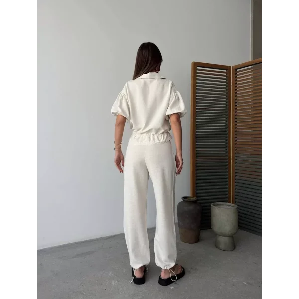 Keten Tam Fermuarlı Kısa kollu Gömlek Pantolon ikili Takım - Beyaz