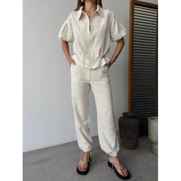 Keten Tam Fermuarlı Kısa Kollu Gömlek Pantolon Ikili Takım - Beyaz