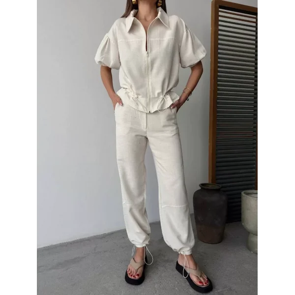 Keten Tam Fermuarlı Kısa kollu Gömlek Pantolon ikili Takım - Beyaz