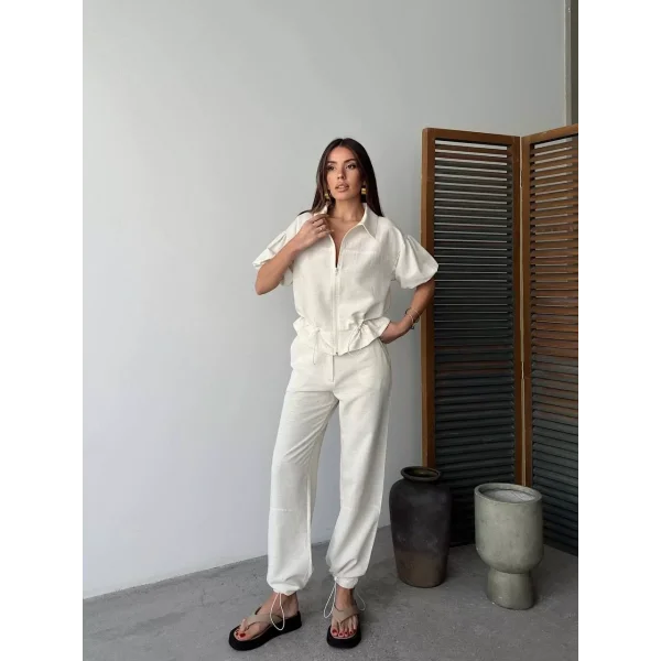 Keten Tam Fermuarlı Kısa kollu Gömlek Pantolon ikili Takım - Beyaz