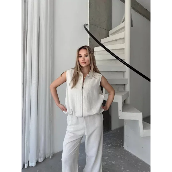 Keten Tam Fermuarlı Kolsuz Ceket Pantolon ikili Takım- Beyaz
