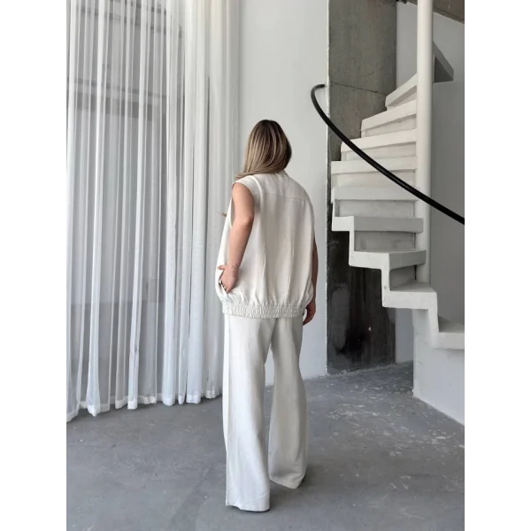 Keten Tam Fermuarlı Kolsuz Ceket Pantolon Ikili Takım- Beyaz