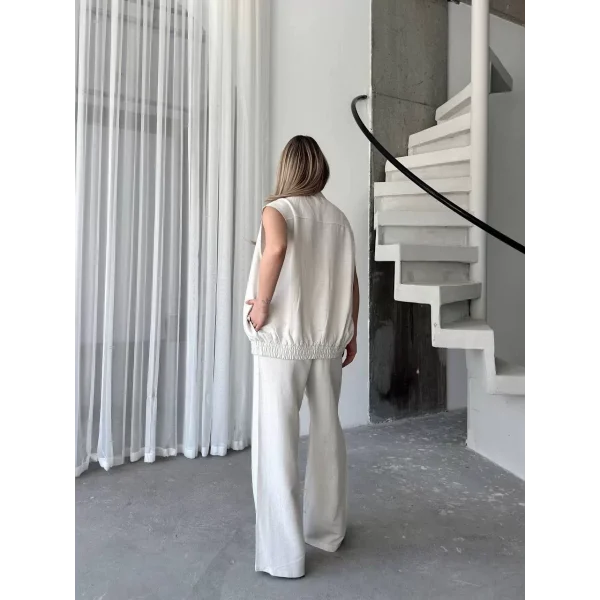 Keten Tam Fermuarlı Kolsuz Ceket Pantolon ikili Takım- Beyaz