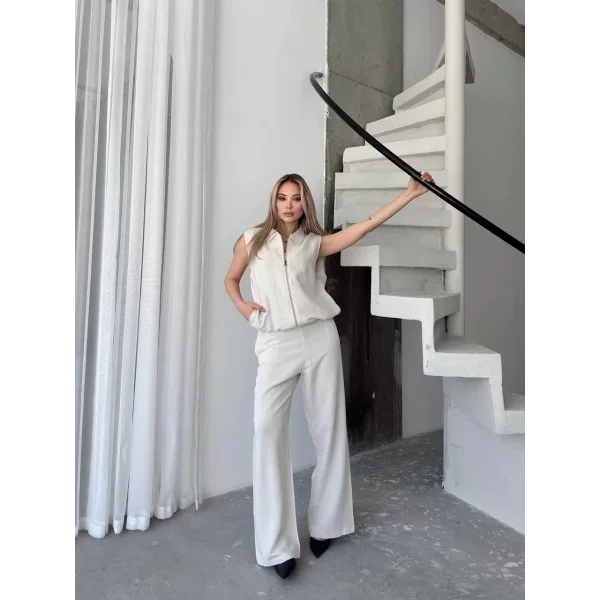 Keten Tam Fermuarlı Kolsuz Ceket Pantolon ikili Takım- Beyaz