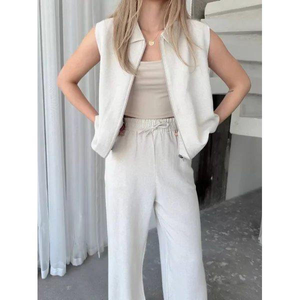 Keten Tam Fermuarlı Kolsuz Ceket Pantolon ikili Takım- Beyaz