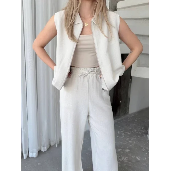 Keten Tam Fermuarlı Kolsuz Ceket Pantolon Ikili Takım- Beyaz