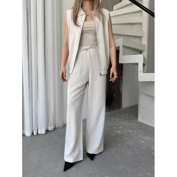 Keten Tam Fermuarlı Kolsuz Ceket Pantolon ikili Takım- Beyaz