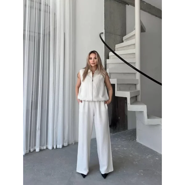 Keten Tam Fermuarlı Kolsuz Ceket Pantolon ikili Takım- Beyaz