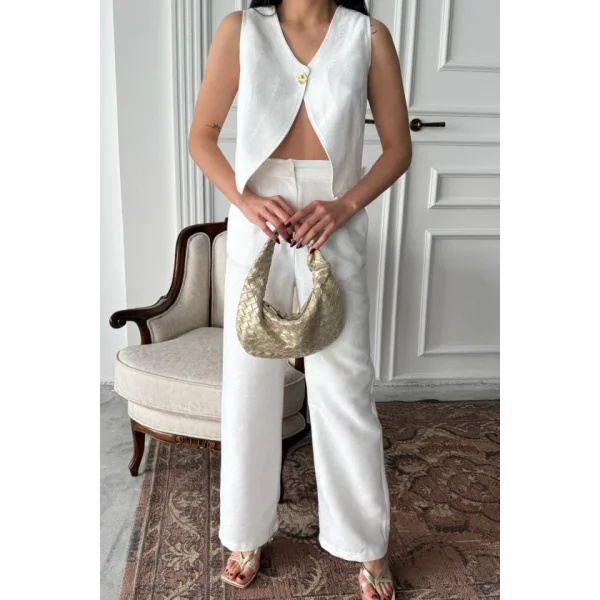 KETEN TEK DÜĞME YELEK-PANTOLON TAKIM - Beyaz