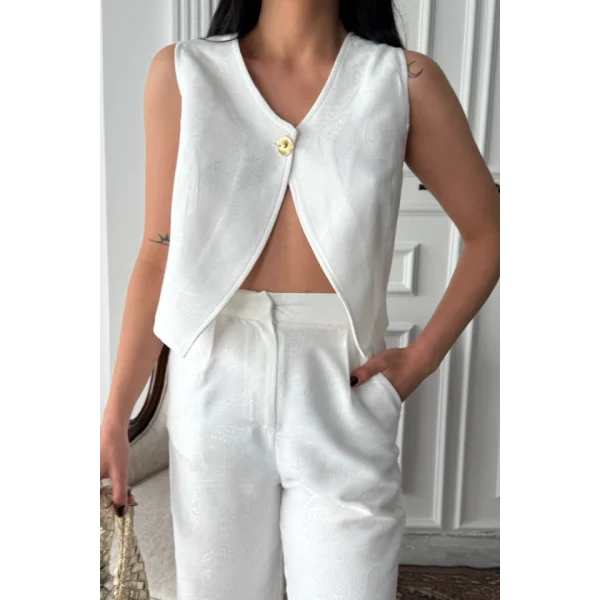 KETEN TEK DÜĞME YELEK-PANTOLON TAKIM - Beyaz
