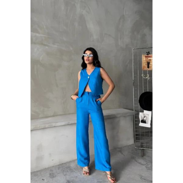 KETEN TEK DÜĞME YELEK-PANTOLON TAKIM - Mavi