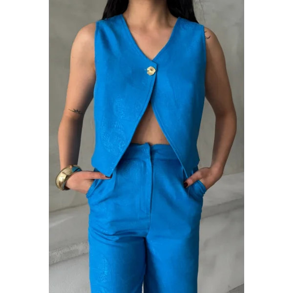 KETEN TEK DÜĞME YELEK-PANTOLON TAKIM - Mavi