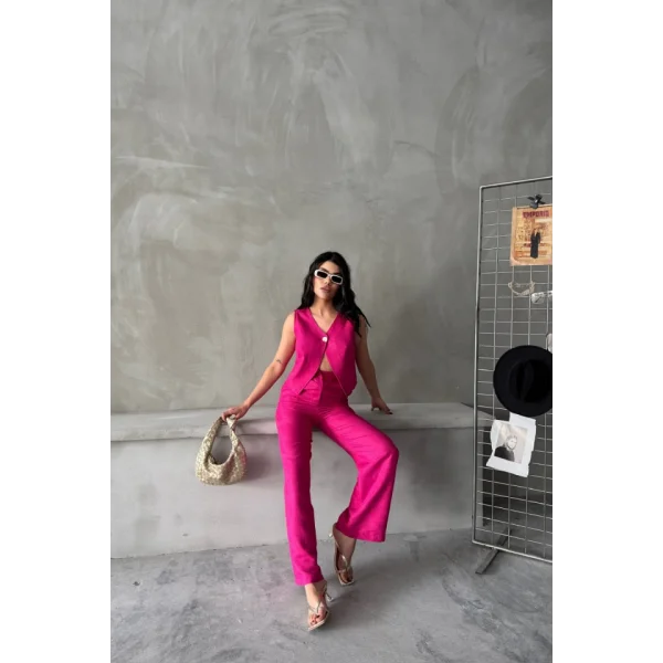 KETEN TEK DÜĞME YELEK-PANTOLON TAKIM - Pembe