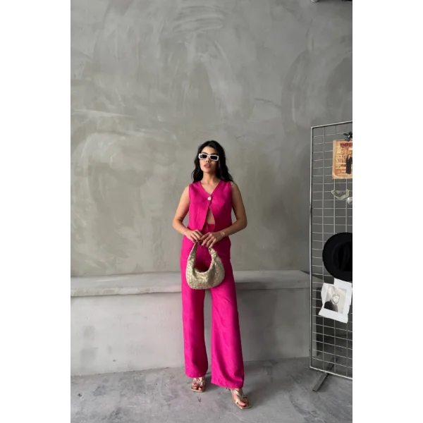 KETEN TEK DÜĞME YELEK-PANTOLON TAKIM - Pembe