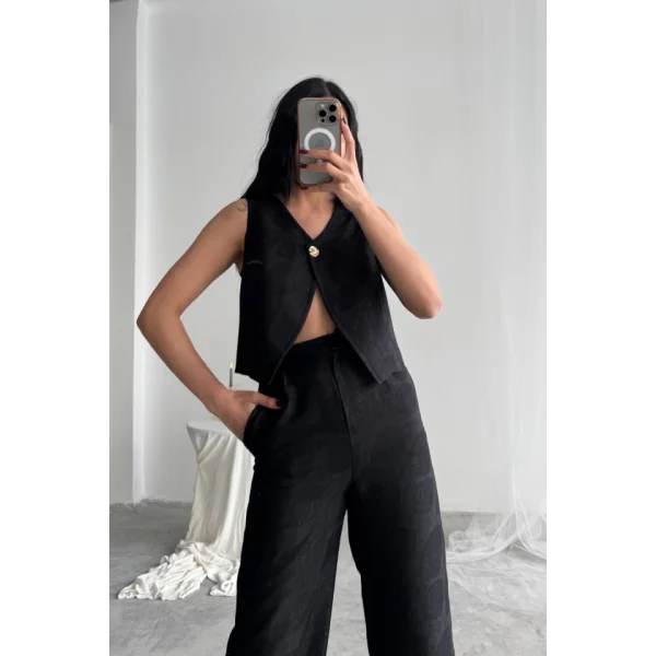 KETEN TEK DÜĞME YELEK-PANTOLON TAKIM - Siyah