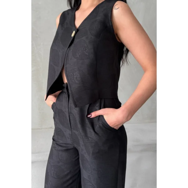KETEN TEK DÜĞME YELEK-PANTOLON TAKIM - Siyah