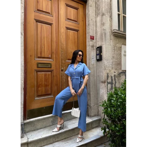 KETEN TULUM BEL BAĞLAMA DETAYLI - Mavi