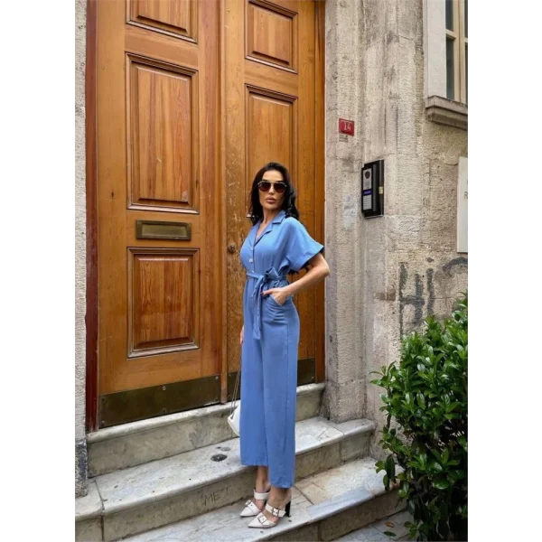 KETEN TULUM BEL BAĞLAMA DETAYLI - Mavi