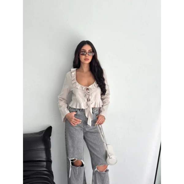 Keten Uzun Kol Bağacık Detaylı Bluz - Bej