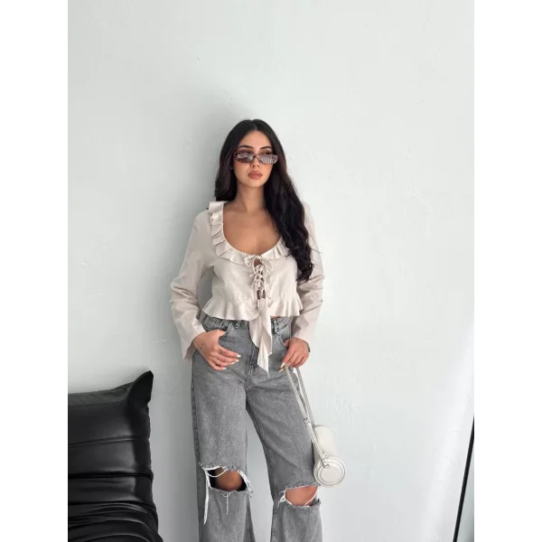 Keten Uzun Kol Bağacık Detaylı Bluz - Bej