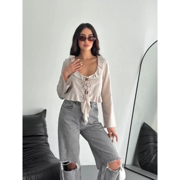 Keten Uzun Kol Bağacık Detaylı Bluz - Bej