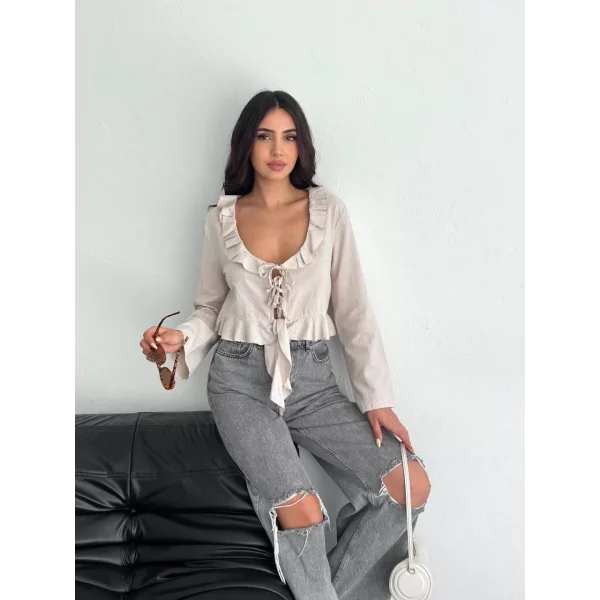 Keten Uzun Kol Bağacık Detaylı Bluz - Bej