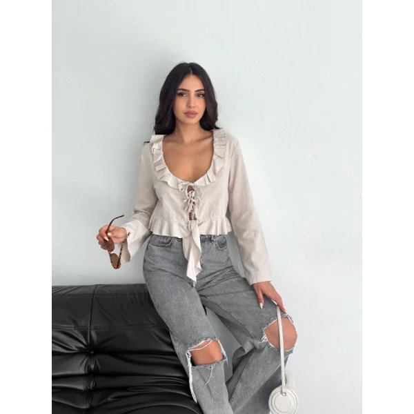 Keten Uzun Kol Bağacık Detaylı Bluz - Bej
