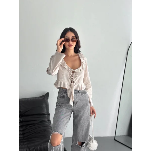Keten Uzun Kol Bağacık Detaylı Bluz - Bej