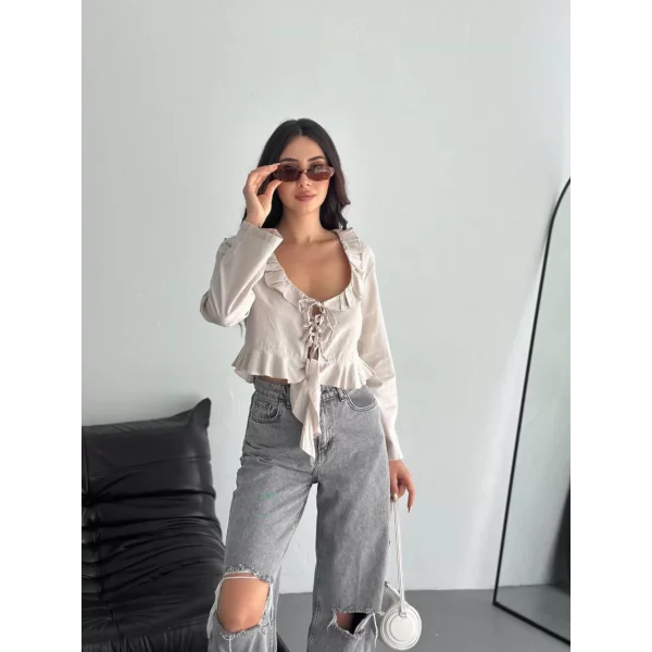 Keten Uzun Kol Bağacık Detaylı Bluz - Bej