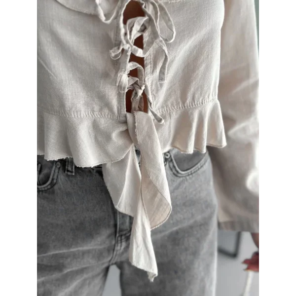 Keten Uzun Kol Bağacık Detaylı Bluz - Bej