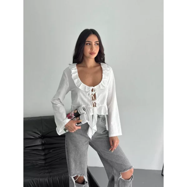 Keten Uzun Kol Bağacık Detaylı Bluz - Beyaz