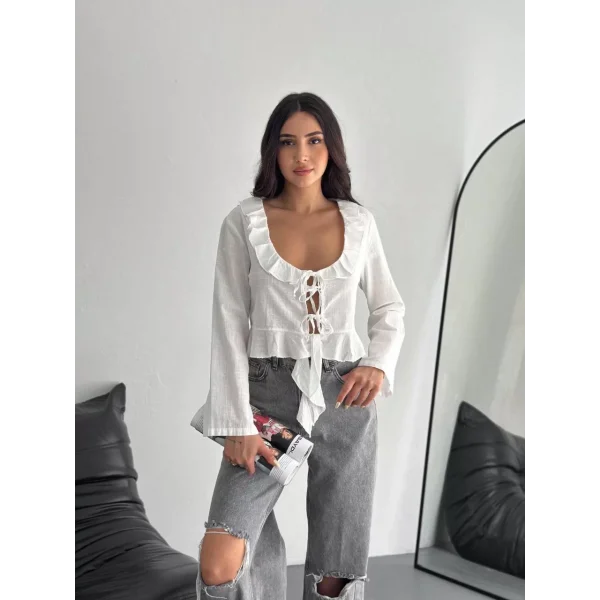 Keten Uzun Kol Bağacık Detaylı Bluz - Beyaz
